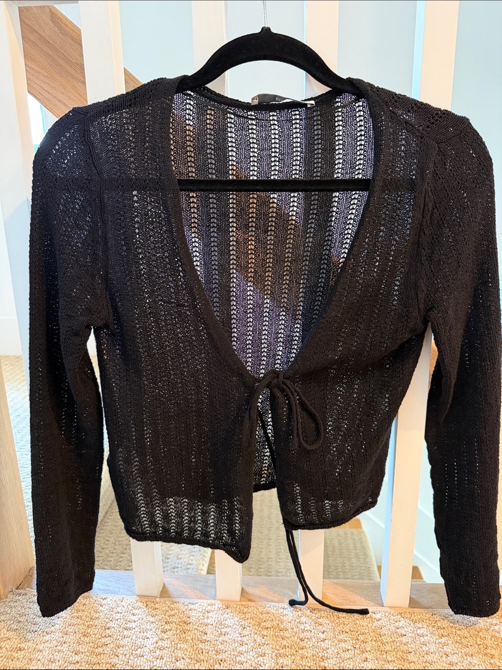 Mango Black Open-Knit Tie-Front Cropped Cardigan
